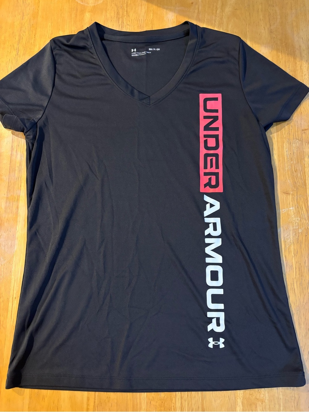Under Armour Black V-Neck Tee with Pink & White Vertical Logo
